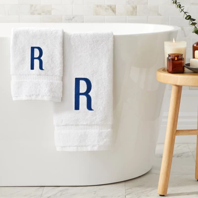 Juvale 3 Piece Letter R Monogrammed Bath Towels Set, White Cotton Bath Towel, Hand Towel, And Washcloth W Blue Embroidered Initial R For Wedding Gift - Image 2