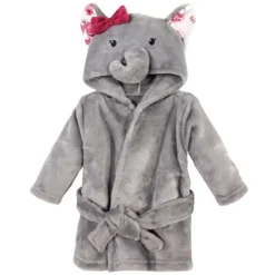 Hudson Baby Infant Girl Plush Animal Face Bathrobe, Gray Rose Elephant, 0-9 Months