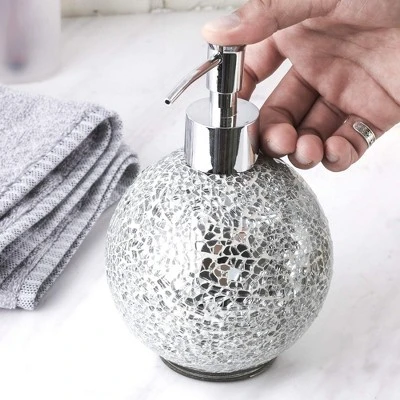 WHOLE HOUSEWARES 14 Ounce Glass Mosaic Hand Soap Dispenser For Bathroom, Set Of 2, Silver