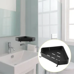 Unique Bargains Bath Corner Shower Shelves Adhesive Caddy With Hooks Drill For Bathroom 9.57"x9.57"x1.97" 2 Sets