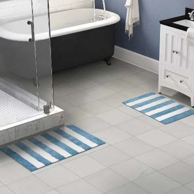 2pc Striped Washable Bathroom Rug Set Basin Blue/White - Garland Rug