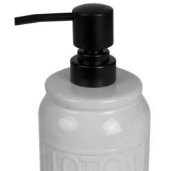 Home Basics 2 Piece Embossed Glazed Ceramic Soap Dispenser With Dual Compartment Metal Rack, White