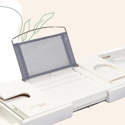 Tranquil Beauty 9" X 27" Bath Caddy With Extendable Wooden Tray For Bathroom - White - Image 2