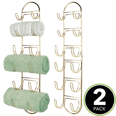 MDesign Metal Wall Mount Bath Towel Organizer Rack, 6 Shelves, 2 Pack