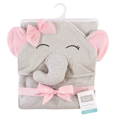 Hudson Baby Infant Girl Cotton Animal Face Hooded Towel, Pretty Elephant, One Size