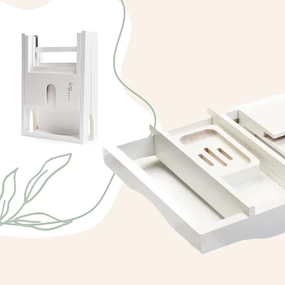Tranquil Beauty 9" X 27" Bath Caddy With Extendable Wooden Tray For Bathroom - White - Image 3