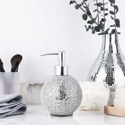 WHOLE HOUSEWARES 14 Ounce Glass Mosaic Hand Soap Dispenser For Bathroom, Set Of 2, Silver - Image 2