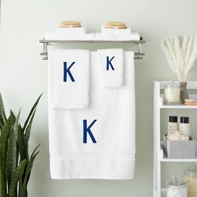 Juvale 3 Piece Letter K Monogrammed Bath Towels Set, White Cotton Bath Towel, Hand Towel, And Washcloth W Blue Embroidered Initial K For Wedding Gift