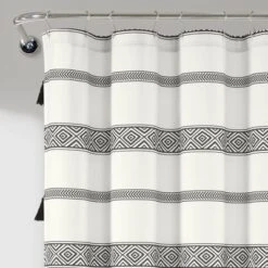 72"x72" Ava Boho Striped Tassel Yarn Dyed Eco-Friendly Recycled Cotton Shower Curtain Black/White - Lush Décor