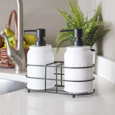 Home Basics 2 Piece Embossed Glazed Ceramic Soap Dispenser With Dual Compartment Metal Rack, White - Image 4