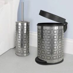 Laser Cut Step Garbage Trash Can & Toilet Brush Holder With Lid Metallic Silver - Nu Steel