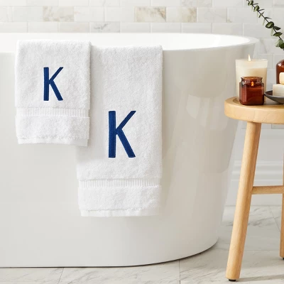 Juvale 3 Piece Letter K Monogrammed Bath Towels Set, White Cotton Bath Towel, Hand Towel, And Washcloth W Blue Embroidered Initial K For Wedding Gift - Image 2