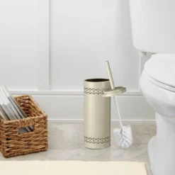 Laser Cut Toilet Brush Holder With Lid Ivory - Nu Steel