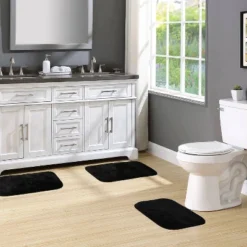 3pc Traditional Nylon Washable Bathroom Rug Set Black - Garland Rug