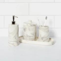 4pc Marbled Ceramic Bathroom Accessories Set Marble - Thresholdâ„¢