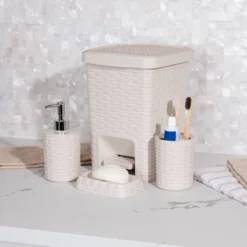 Square Premium Wicker Look Wastepaper Basket And Toilet Brush Set Ivory - Mind Reader