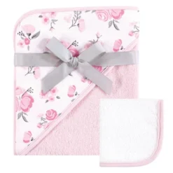 Hudson Baby Infant Girl Cotton Hooded Towel And Washcloth 2pc Set, Pink Floral, One Size