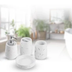 4pc Cork Resin Paint Coated Bath Accessory Set White - KRALIX