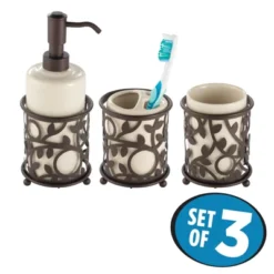 MDesign Ceramic/Metal Bathroom Soap, Toothbrush, Cup, Set Of 3, Vanilla/Bronze