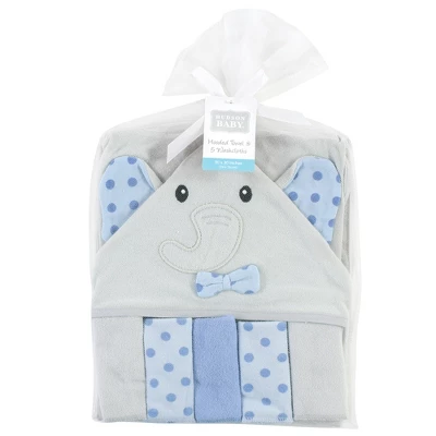 Hudson Baby Unisex Hooded Towel And Five Washcloths, Blue Dots Gray Elephant, One Size