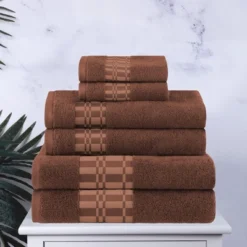 100% Cotton Medium Weight Geometric Border 6 Piece Assorted Bathroom Towel Set By Blue Nile Mills