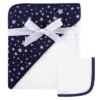 Hudson Baby Infant Cotton Hooded Towel And Washcloth 2pc Set, Navy Silver Star, One Size
