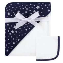 Hudson Baby Infant Cotton Hooded Towel And Washcloth 2pc Set, Navy Silver Star, One Size