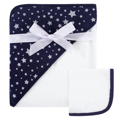 Hudson Baby Infant Cotton Hooded Towel And Washcloth 2pc Set, Navy Silver Star, One Size