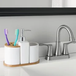 Home Basics 4 Piece Ceramic Bath Accessory Set With Bamboo Accents