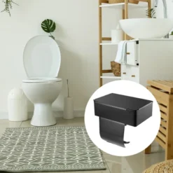 Unique Bargains Wall Mount For Kitchen Bathroom With Shelf Toilet Paper Holder Black 1 Pcs
